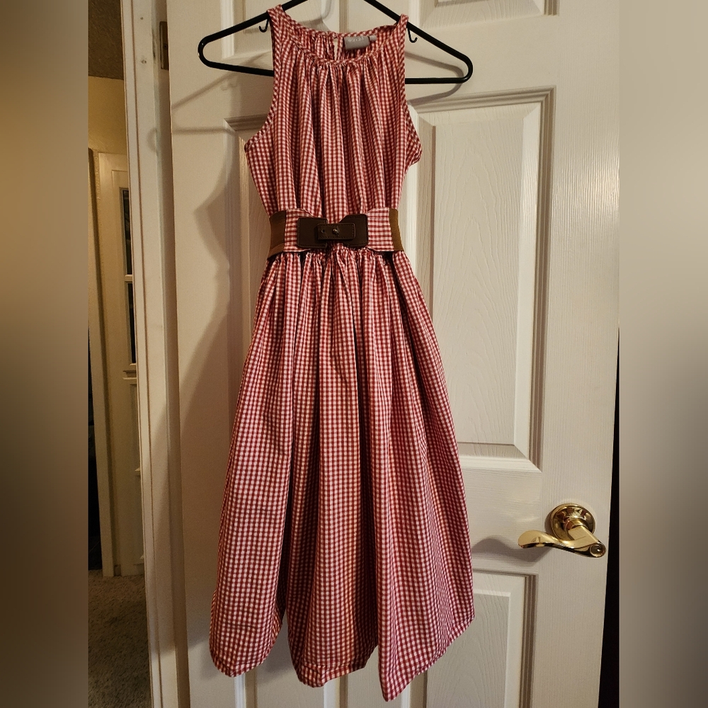 eShakti Red Gingham Casual Dress. SIZE 4 Belt Included.